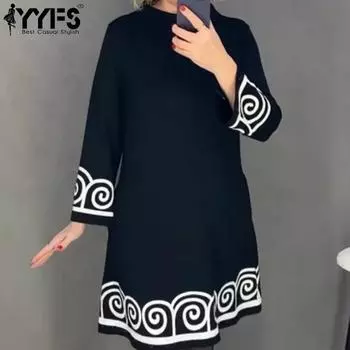 YYFS Женская мода весна осень однотонный принт длинный рукав О-образный вырез свободная талия повседневные платья S чёрный