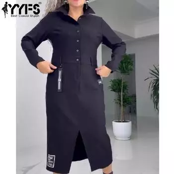 YYFS Женская мода весна осень однотонный принт длинный рукав воротник поло свободная талия повседневные платья S чёрный