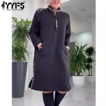 YYFS Женская мода весна осень однотонный принт длинный рукав полуводолазка свободная талия повседневные платья S чёрный