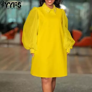 YYFS Женская мода весна осень однотонный принт длинный рукав воротник поло свободная талия повседневные платья S жёлтый