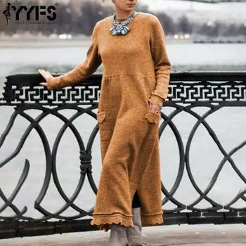 YYFS Женская мода весна осень однотонный принт длинный рукав О-образный вырез свободная талия повседневные платья S чёрный