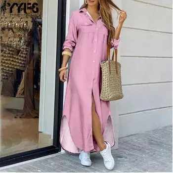 YYFS Женская мода весна осень однотонный принт длинный рукав воротник поло свободная талия повседневные платья S розовый