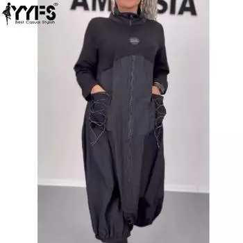 YYFS Женская мода весна осень однотонный принт длинный рукав полуводолазка свободная талия повседневные платья S чёрный