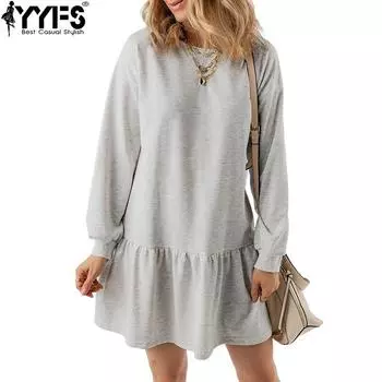 YYFS Женская мода весна осень однотонный принт длинный рукав О-образный вырез свободная талия повседневные платья S светло-серый