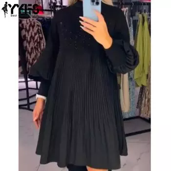 YYFS Женская мода весна осень однотонный принт длинный рукав полуводолазка свободная талия повседневные платья S чёрный