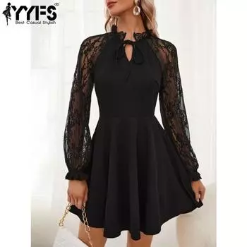 YYFS Женская мода весна-осень однотонный принт длинный рукав V-образный вырез высокая талия повседневные платья S чёрный