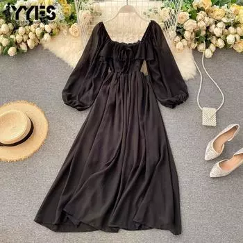 YYFS Женская мода весна-осень однотонный принт длинный рукав квадратный воротник высокая талия повседневные платья One size чёрный