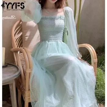 YYFS Женская мода весна-осень однотонный принт длинный рукав квадратный воротник высокая талия повседневные платья S