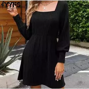 YYFS Женская мода весна-осень однотонный принт длинный рукав квадратный воротник высокая талия повседневные платья S чёрный