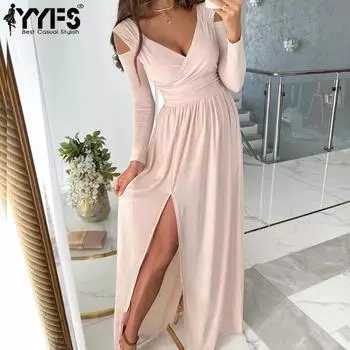 YYFS Женская мода весна осень однотонный принт с длинным рукавом и v-образным вырезом с высокой талией повседневные платья S розовый