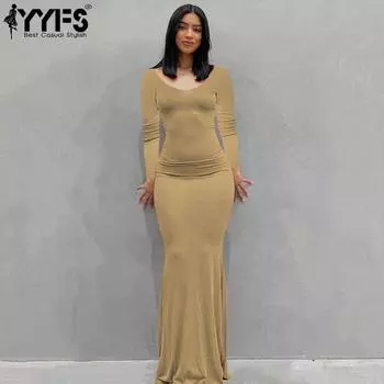 YYFS Женская мода весна осень однотонный принт длинный рукав V-образный вырез высокая талия повседневные платья XS