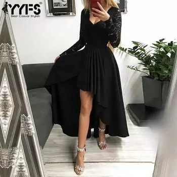 YYFS Женская мода весна-осень однотонный принт длинный рукав V-образный вырез высокая талия повседневные платья S