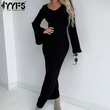 YYFS Женская мода весна-осень однотонный принт длинный рукав V-образный вырез высокая талия повседневные платья S чёрный