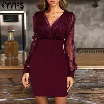 YYFS Женская мода весна-осень однотонный принт длинный рукав V-образный вырез высокая талия повседневные платья S бордовый