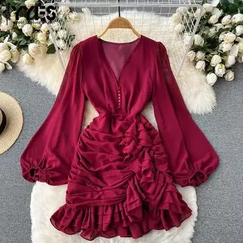 YYFS Женская мода весна-осень однотонный принт длинный рукав V-образный вырез высокая талия повседневные платья Size: One Size красный