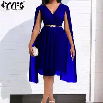 YYFS Женская мода весна-осень однотонный принт длинный рукав V-образный вырез высокая талия повседневные платья S темно-синий