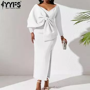 YYFS Женская мода весна-осень однотонный принт длинный рукав V-образный вырез высокая талия повседневные платья S белый