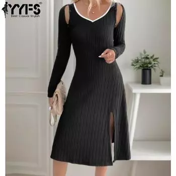 YYFS Женская мода весна-осень однотонный принт длинный рукав V-образный вырез высокая талия повседневные платья S чёрный