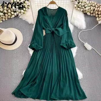 YYFS Женская мода весна-осень однотонный принт длинный рукав V-образный вырез высокая талия повседневные платья Size: One Size зелёный