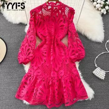 YYFS Женская мода весна-осень однотонный принт длинный рукав О-образный вырез высокая талия повседневные платья M розы красного