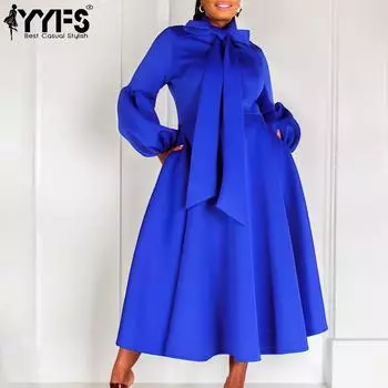 YYFS Женская мода весна-осень однотонный принт длинный рукав О-образный вырез высокая талия повседневные платья S синий