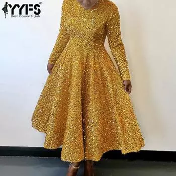 YYFS Женская мода весна-осень однотонный принт длинный рукав О-образный вырез высокая талия повседневные платья S шампанского