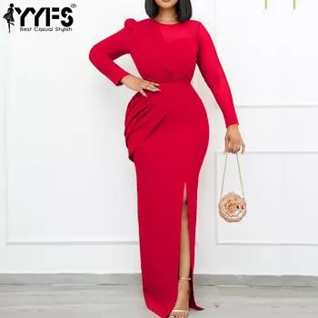 YYFS Женская мода весна-осень однотонный принт длинный рукав О-образный вырез высокая талия повседневные платья S красный