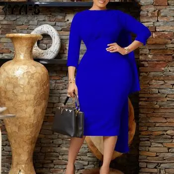 YYFS Женская мода весна-осень однотонный принт длинный рукав О-образный вырез высокая талия повседневные платья S королевский синий