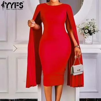 YYFS Женская мода весна-осень однотонный принт длинный рукав О-образный вырез высокая талия повседневные платья S красный