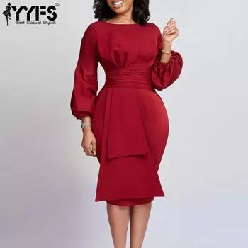 YYFS Женская мода весна-осень однотонный принт длинный рукав О-образный вырез высокая талия повседневные платья S красный