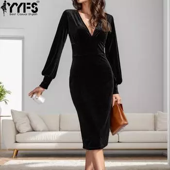 YYFS Женская мода весна-осень однотонный принт длинный рукав V-образный вырез высокая талия повседневные платья S чёрный
