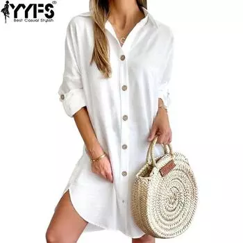 YYFS Женская мода весна осень однотонный принт длинный рукав воротник поло свободная талия повседневные платья S белый
