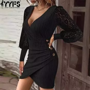 YYFS Женская мода весна-осень однотонный принт длинный рукав V-образный вырез высокая талия повседневные платья S чёрный
