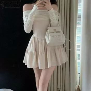 YYFS Женская мода весна осень однотонный принт длинный рукав одно плечо высокая талия повседневные платья S чёрный