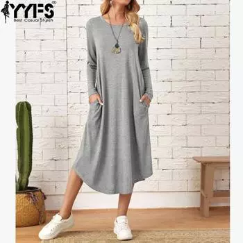 YYFS Женская мода весна осень однотонный принт длинный рукав О-образный вырез свободная талия повседневные платья S светло-серый