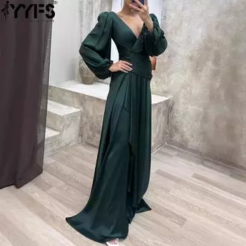 YYFS Женская мода весна-осень однотонный принт длинный рукав V-образный вырез высокая талия повседневные платья S темно-зеленого