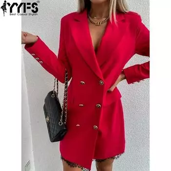 YYFS Женская мода весна осень однотонный принт длинный рукав поло воротник высокая талия повседневные платья S красный