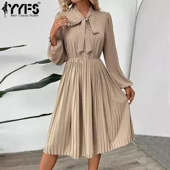 YYFS Женская мода весна осень однотонный принт с длинным рукавом и высокой талией повседневные платья S абрикосовый