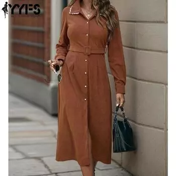 YYFS Женская мода весна осень однотонный принт длинный рукав поло воротник высокая талия повседневные платья S