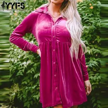 YYFS Женская мода весна осень однотонный принт длинный рукав воротник поло свободная талия повседневные платья S