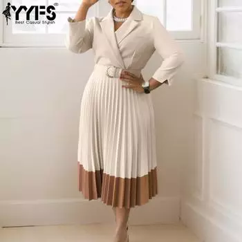 YYFS Женская мода весна осень однотонный принт длинный рукав поло воротник высокая талия повседневные платья S