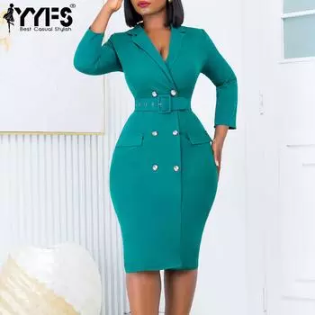 YYFS Женская мода весна осень однотонный принт длинный рукав поло воротник высокая талия повседневные платья S