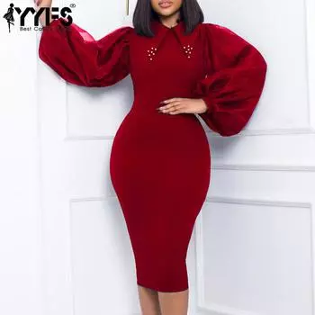 YYFS Женская мода весна осень однотонный принт длинный рукав поло воротник высокая талия повседневные платья S красный