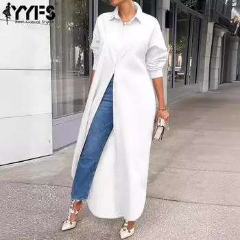 YYFS Женская мода весна осень однотонный принт длинный рукав воротник поло свободная талия повседневные платья S белый