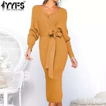 YYFS Женская мода весна-осень однотонный принт длинный рукав V-образный вырез высокая талия повседневные платья S жёлтый