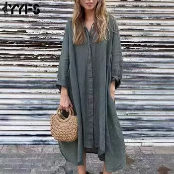 YYFS Женская мода весна осень однотонный принт длинный рукав воротник поло свободная талия повседневные платья S темно-зеленого