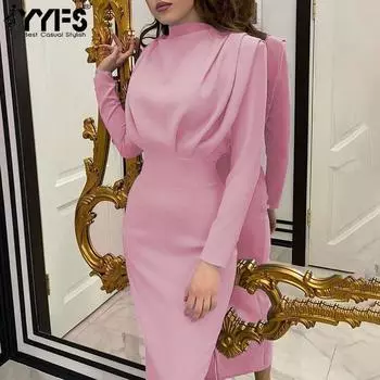 YYFS Женская мода весна осень однотонный принт длинный рукав полуводолазка высокая талия повседневные платья S розовый