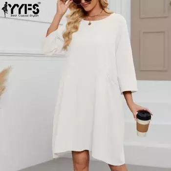 YYFS Женская мода весна осень однотонный принт длинный рукав О-образный вырез свободная талия повседневные платья S белый