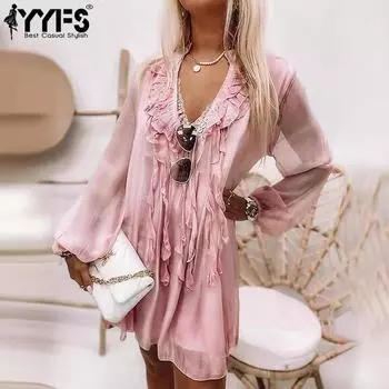 YYFS Женская мода весна осень однотонный принт длинный рукав V-образный вырез свободная талия повседневные платья S розовый