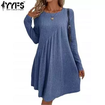 YYFS Женская мода весна осень однотонный принт длинный рукав О-образный вырез свободная талия повседневные платья S королевский синий